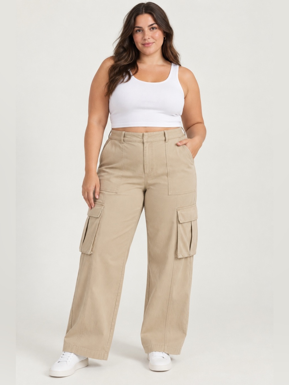Altar’d State High-Waist Wide-Leg Cargo Pants in Beige Size-Large Utility Cargo